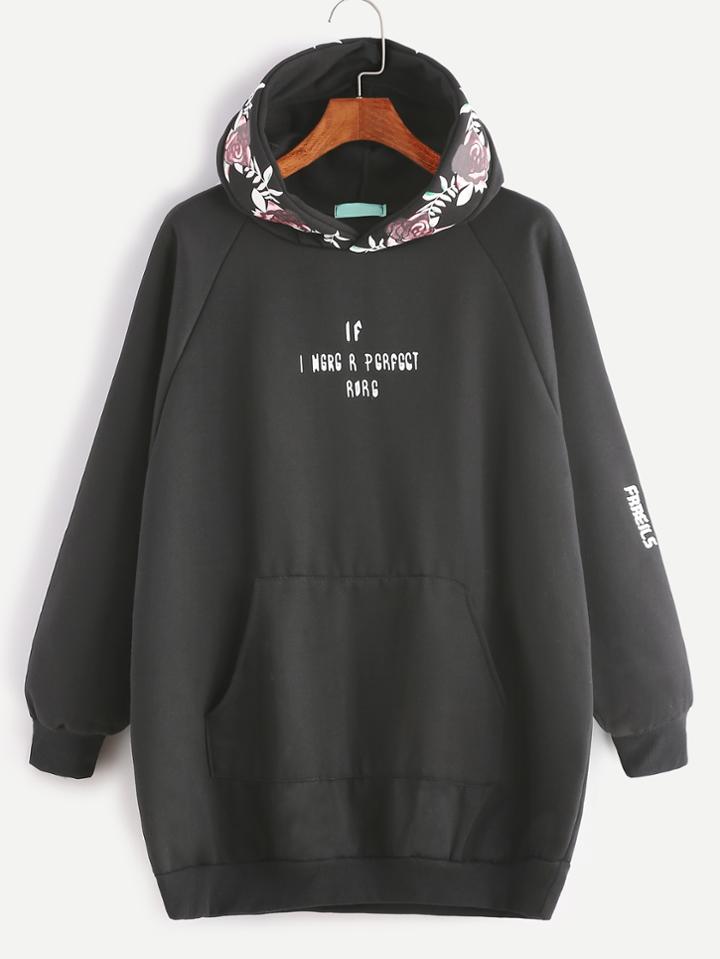 Shein Black Hooded Raglan Sleeve Printed Pocket Sweatshirt