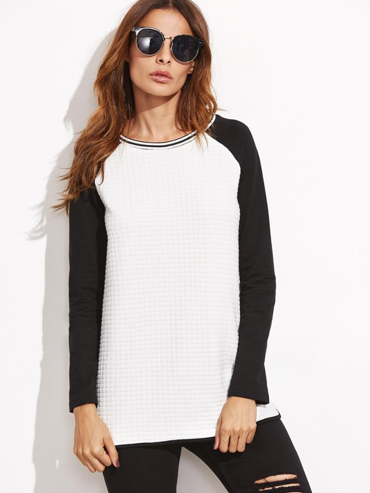Shein Contrast Striped Neck Raglan Sleeve Embossed T-shirt