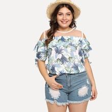 Shein Plus Cold Shoulder Mesh Panel Blouse