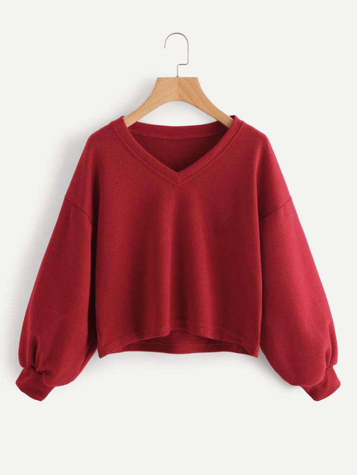 Shein V Neckline Drop Shoulder Lantern Sleeve Sweatshirt