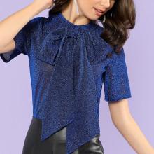 Shein Exaggerate Bow Tie Neck Glitter Mesh Top