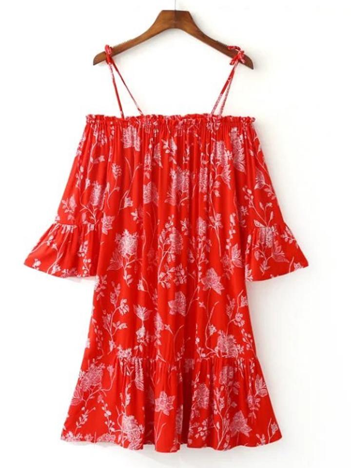 Shein Bell Sleeve Ruffle Hem Rayon Dress