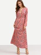 Shein Lace-up V-neck Vintage Pattern Print Dress - Red