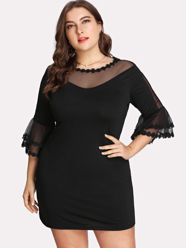 Shein Mesh Panel Crochet Lace Trim Dress