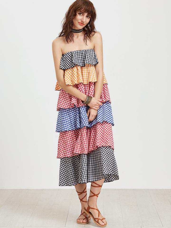 Shein Multicolor Checkered Layered Tiered Bandeau Dress