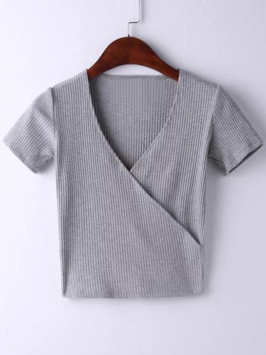 Shein Grey Short Sleeve Cross V Neck T-shirt