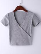Shein Grey Short Sleeve Cross V Neck T-shirt
