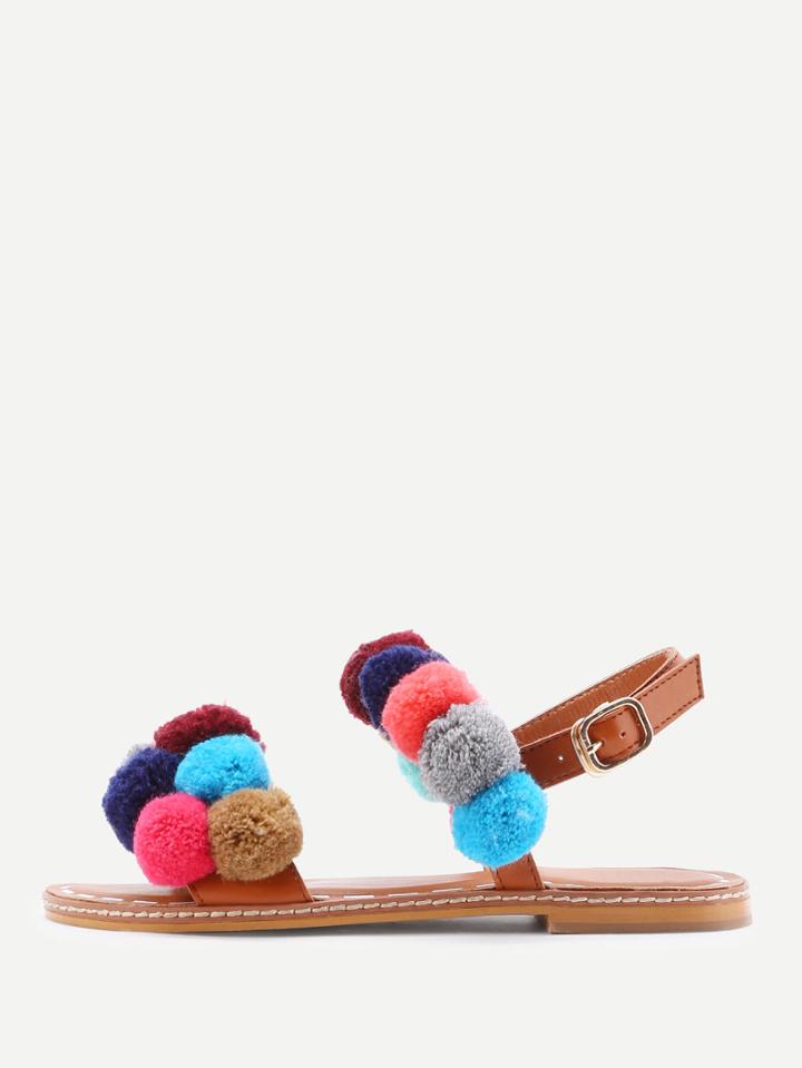 Shein Pom Pom Decorated Pu Flat Sandals