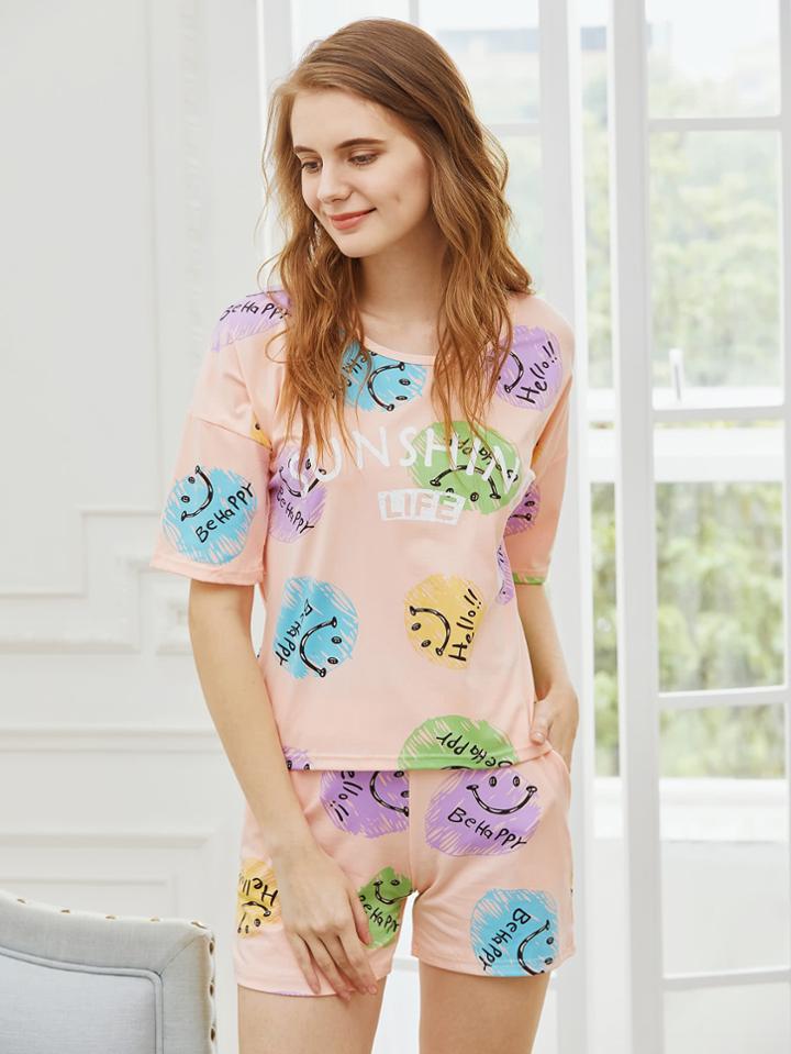 Shein Smiley Face Print Tee And Shorts Pajama Set