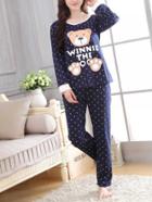 Shein Contrast Trim Bear Spot Pullover & Pants Pj Set