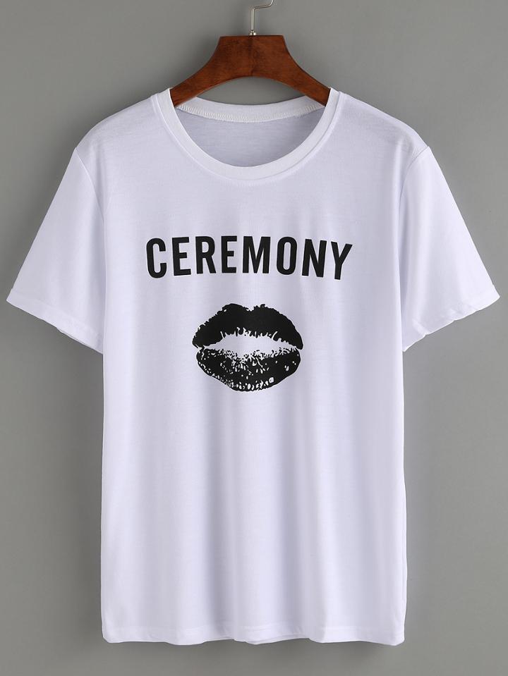 Shein Lip Print T-shirt - White
