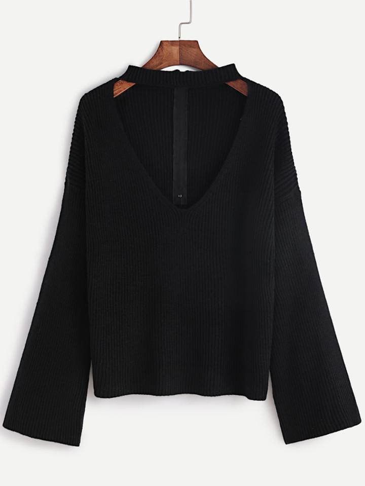 Shein Black Cutout Choker Zip Back Ribbed Sweater