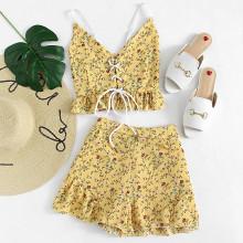 Shein Lace Up Ruffle Hem Cami With Shorts