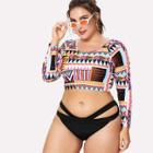 Shein Plus Cutout Crop Geometric Rash Guard Swimsuit