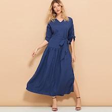 Shein Split Self Tie Waist Solid Dress