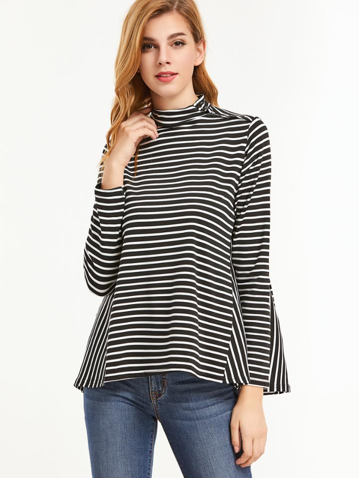 Shein Contrast Striped High Neck Buttons T-shirt