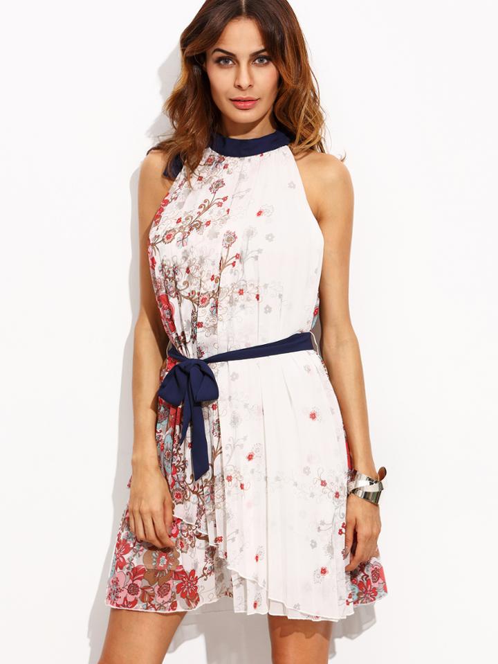 Shein Multicolor Print Pleated Tie Waist Sleeveless Dress
