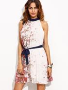 Shein Multicolor Print Pleated Tie Waist Sleeveless Dress