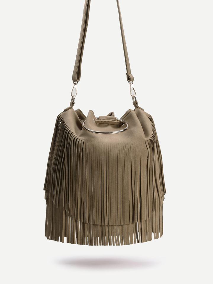Shein Khaki Pu Metal Ring Tassel Fringe Drawstring Crossbody Bag