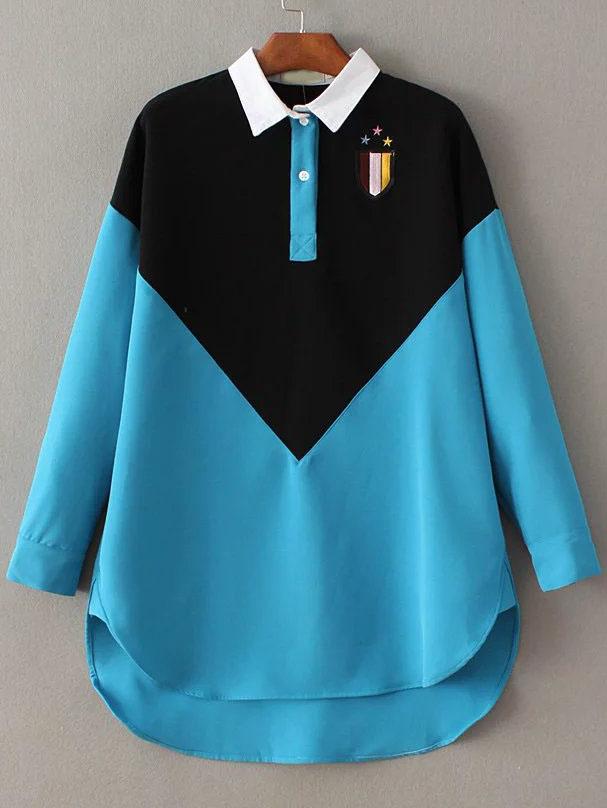 Shein Blue Color Block Contrast Collar Embroidery Patch High Low Blouse