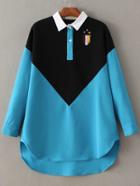 Shein Blue Color Block Contrast Collar Embroidery Patch High Low Blouse