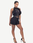 Shein Grommet Lace Up Backless Cuffed Romper
