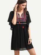 Shein Black Vintage Embroidered Shift Dress
