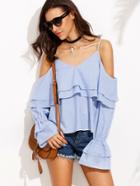 Shein Blue Cold Shoulder Spaghetti Strap Ruffle Blouse