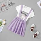 Shein Girls Figure Print Tee & Pleated Pinafore Skirt Set