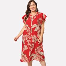 Shein Plus Palm Leaf Print Buttoned Short Dress