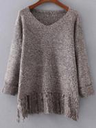 Shein Coffee V Neck Rolled Cuff Fringe Hem Sweater