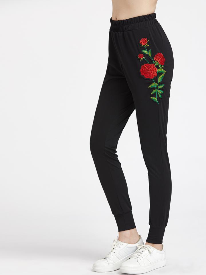 Shein Rose Embroidered Applique Ribbed Pants
