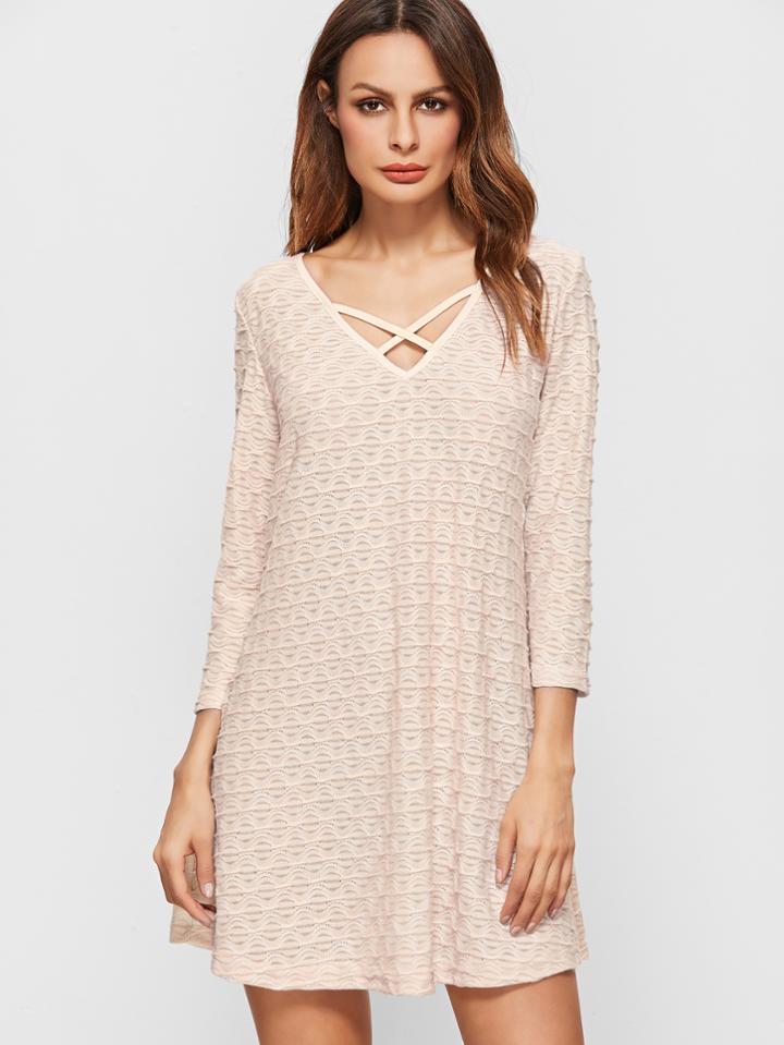 Shein Apricot Criss Cross Front V Neck Textured Dress
