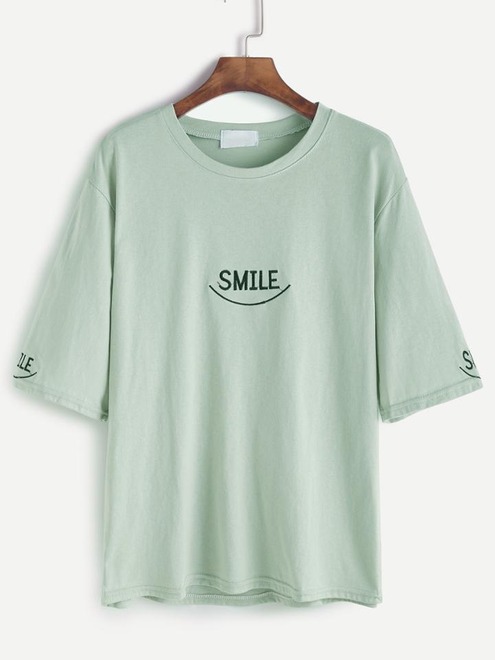 Shein Light Green Elbow Sleeve Letter Embroidery T-shirt