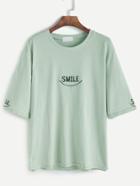 Shein Light Green Elbow Sleeve Letter Embroidery T-shirt