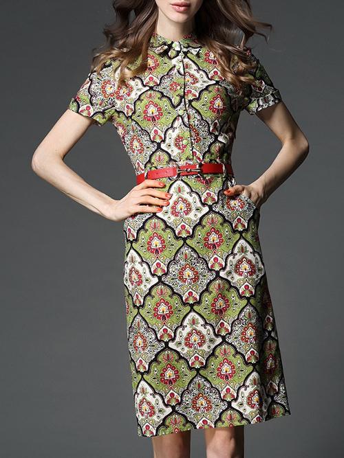 Shein Green Lapel Vintage Print Belted Pockets Dress