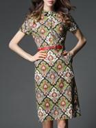 Shein Green Lapel Vintage Print Belted Pockets Dress