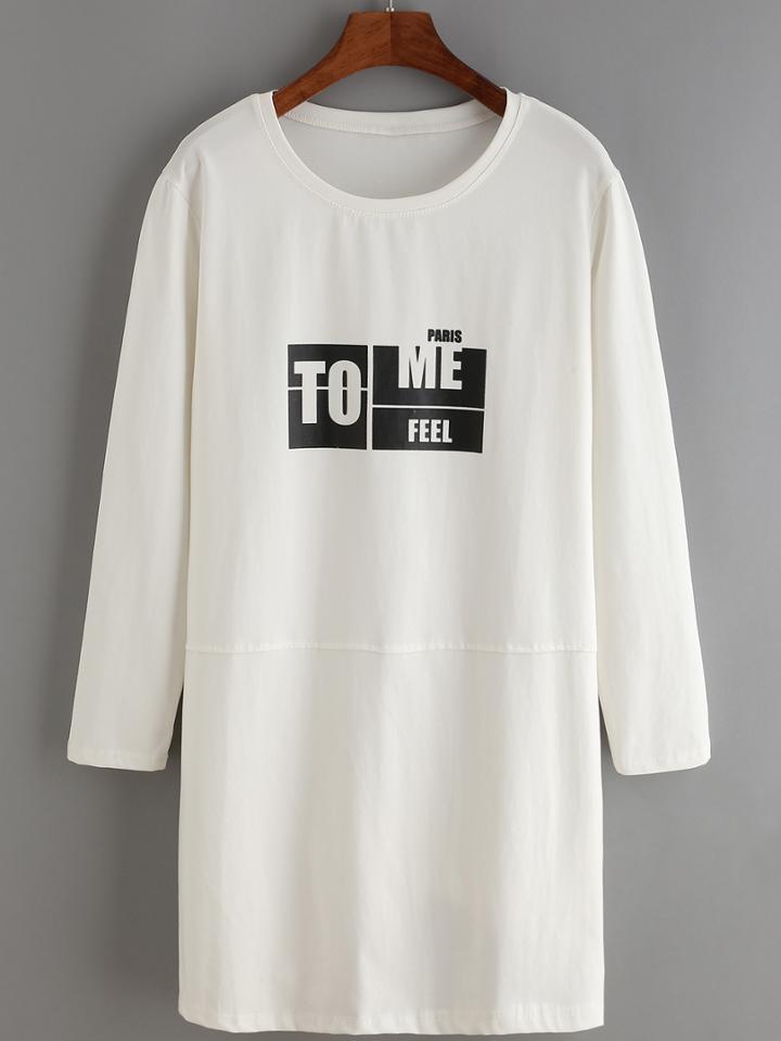 Shein White Crew Neck Letters Print Straight Dress