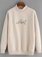 Shein Apricot Mock Neck Shark Embroidered Sweatshirt