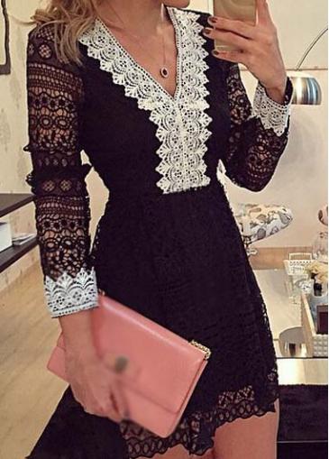 Rosewe Black Long Sleeve V Neck Lace Dress