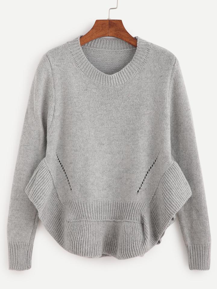 Shein Grey Ruffle Hem Eyelet Sweater