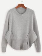Shein Grey Ruffle Hem Eyelet Sweater