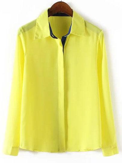 Shein Yellow Lapel Long Sleeve Loose Chiffon Blouse