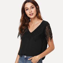 Shein V Neck Floral Lace Applique Blouse