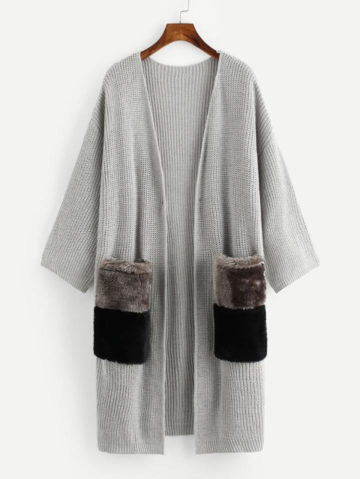 Shein Contrast Faux Fur Pockets Longline Cardigan Sweater