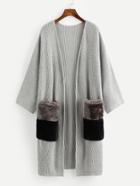 Shein Contrast Faux Fur Pockets Longline Cardigan Sweater