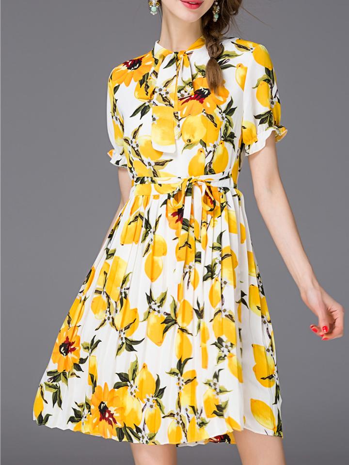 Shein White Tie Neck Tie-waist Lemons Dress
