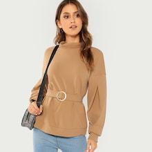 Shein Waist Belted Mock Neck Solid Pullover