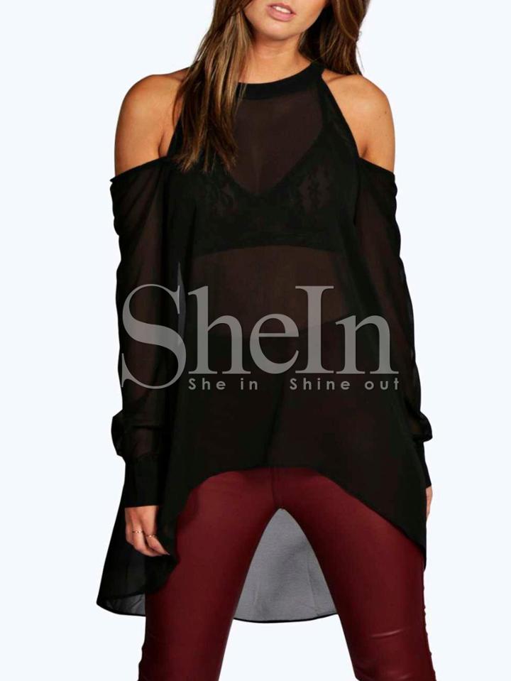 Shein Open Shoulder Sheer High-low Blouse - Black