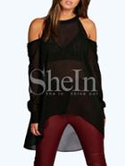 Shein Open Shoulder Sheer High-low Blouse - Black
